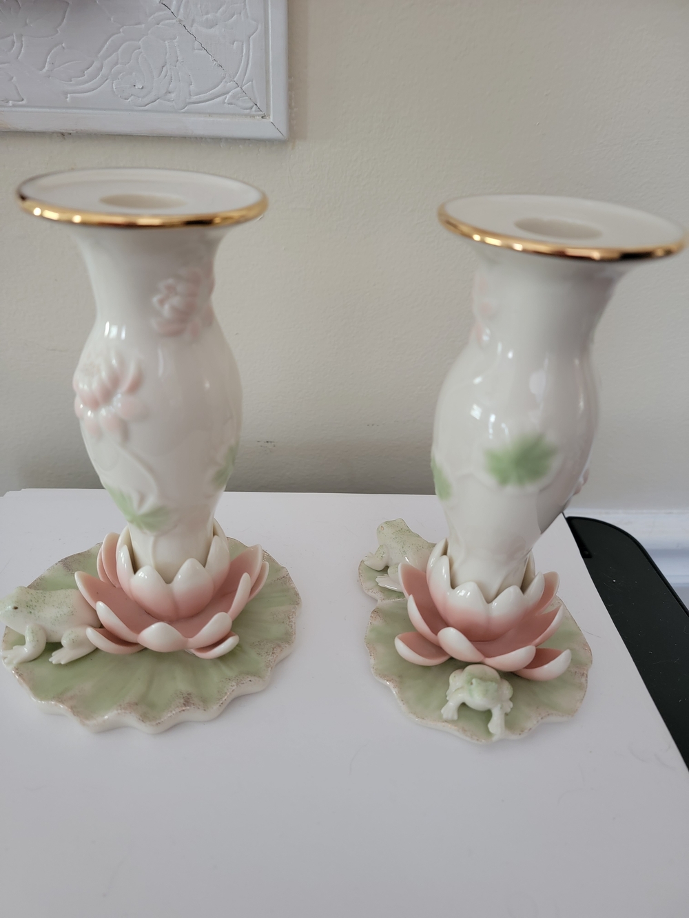 Lenox White Porcelain Candle Holders with Frogs Flowers and Gold Trim